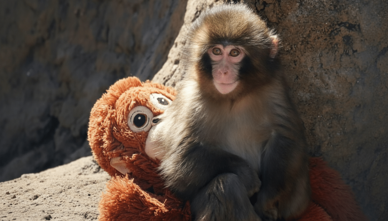 A young monkey sits on a brown stuffed animal, looking directly at the camera.