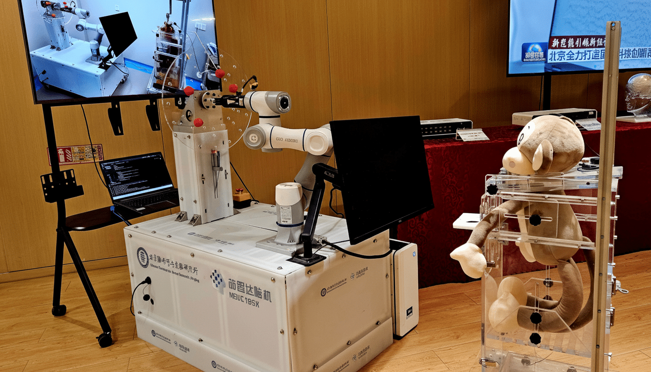 A white robotic arm with a black screen attached, next to a laptop on a stand, and a plush monkey in a clear plastic cart, all on a wooden floor in a room with a large screen displaying an image of a similar robot.