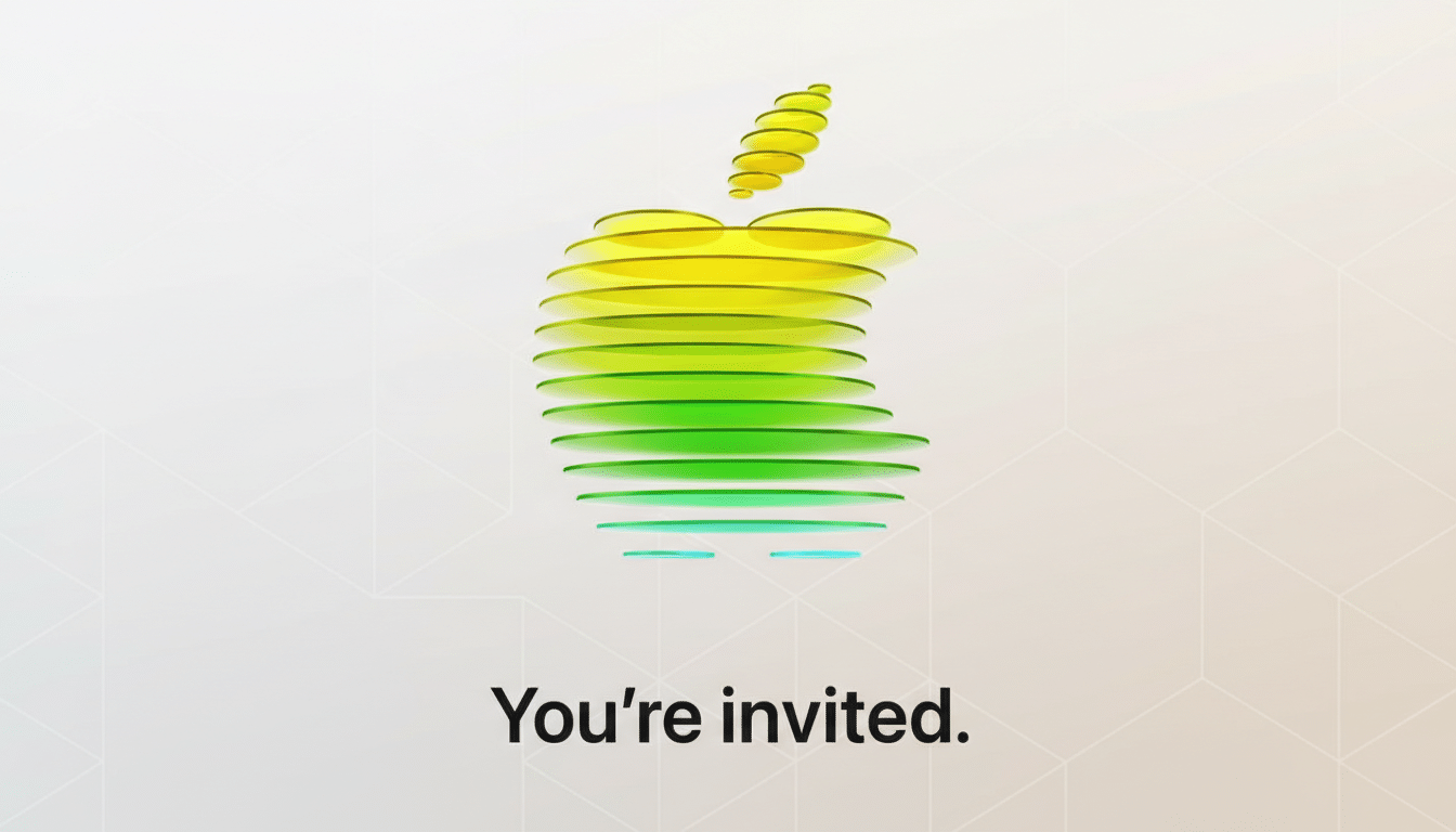 The Apple logo, composed of horizontal, colorful, translucent slices in shades of yellow, green, and blue, centered on a light gray background with subtle geometric patterns. Below the logo, the text Youre invited. is displayed in black.