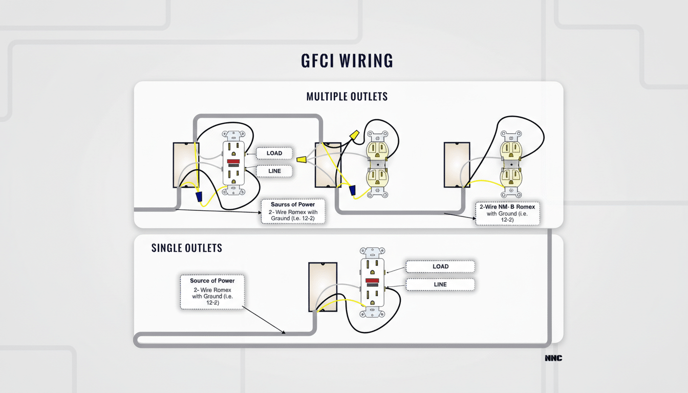 A diagram illustrating GFCI wiring for multiple and single outlets, showing the connections for load, line, and source of power with 2-wire Romex.