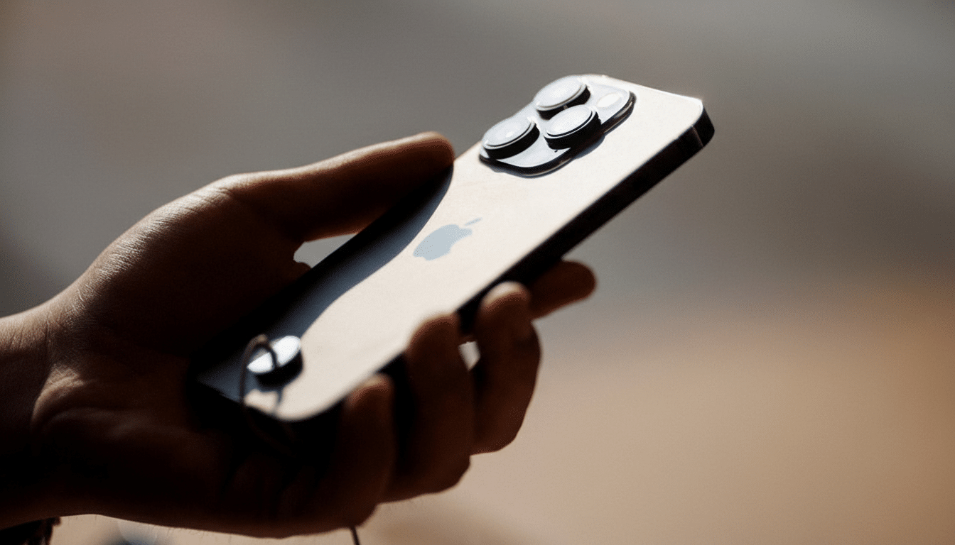 A hand holding an iPhone in a 16:9 aspect ratio, with the original background maintained.