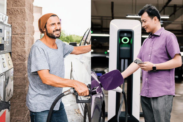 A split image showing a man fueling a car at a gas station on the left, and another man charging an electric car at a charging station on the right.