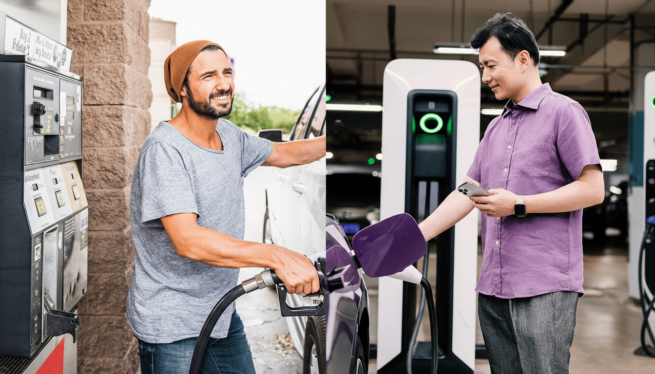 A split image showing a man fueling a car at a gas station on the left, and another man charging an electric car at a charging station on the right.
