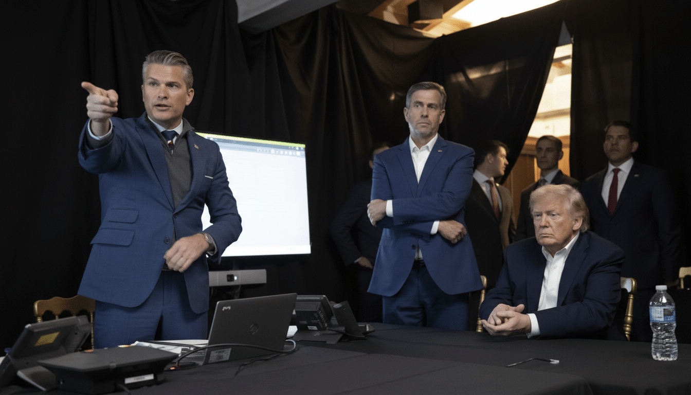 Defense Secretary Pete Hegseth pointing, with CIA Director John Ratcliffe and President Donald Trump in the background.