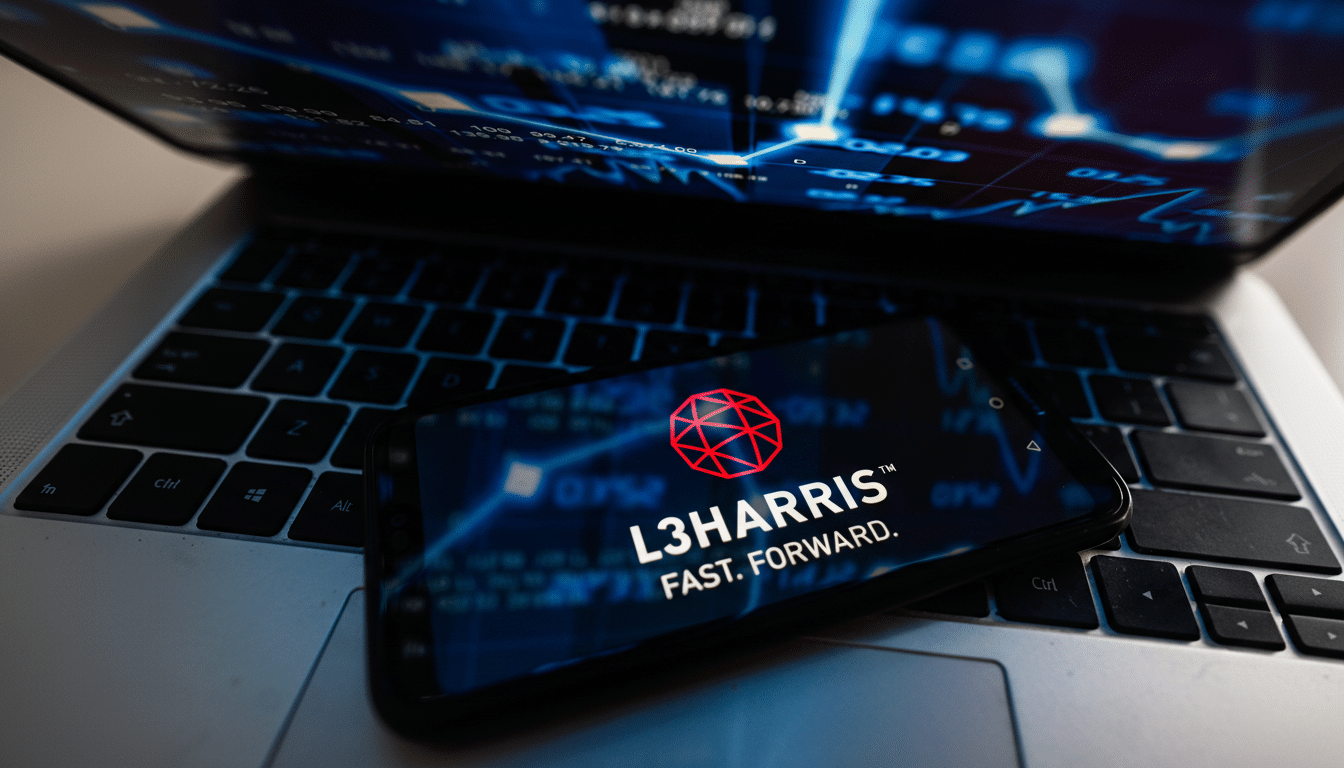 A smartphone displaying the L3Harris logo and FAST. FORWARD. text, resting on a laptop keyboard with financial data on its screen.