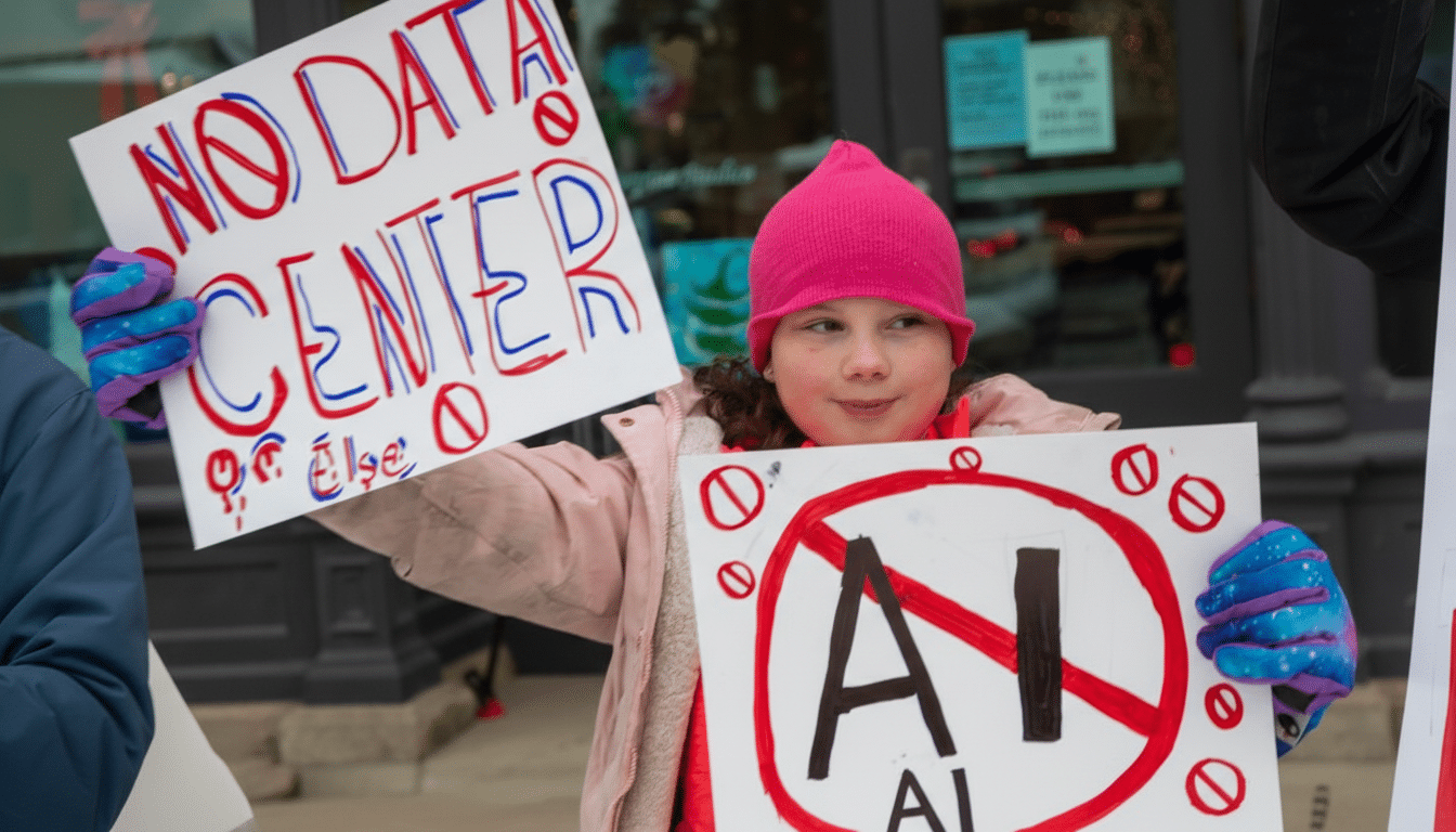 A young girl in a pink hat and coat holds two protest signs, one reading NO DATA CENTER and the other showing a red circle with a line through AI.