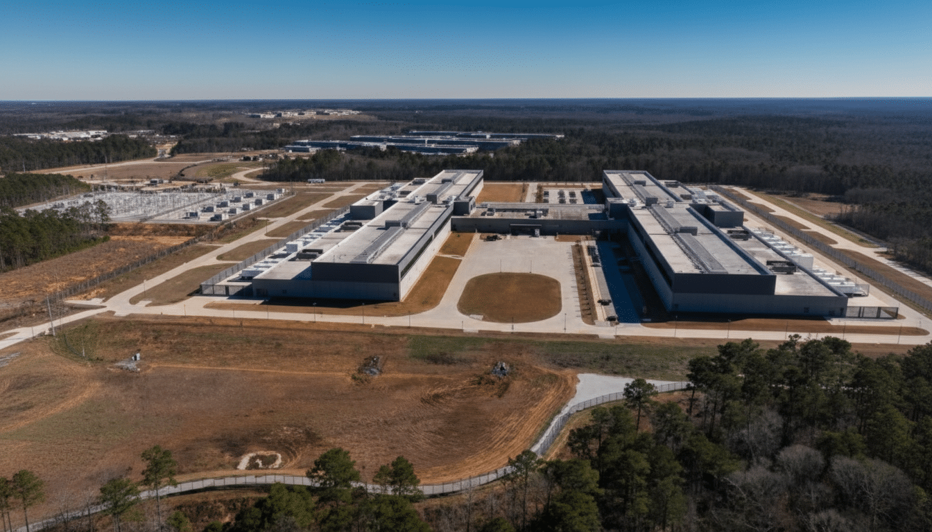 An aerial view of a large data center complex with multiple long, flat buildings surrounded by trees and open land under a clear blue sky.