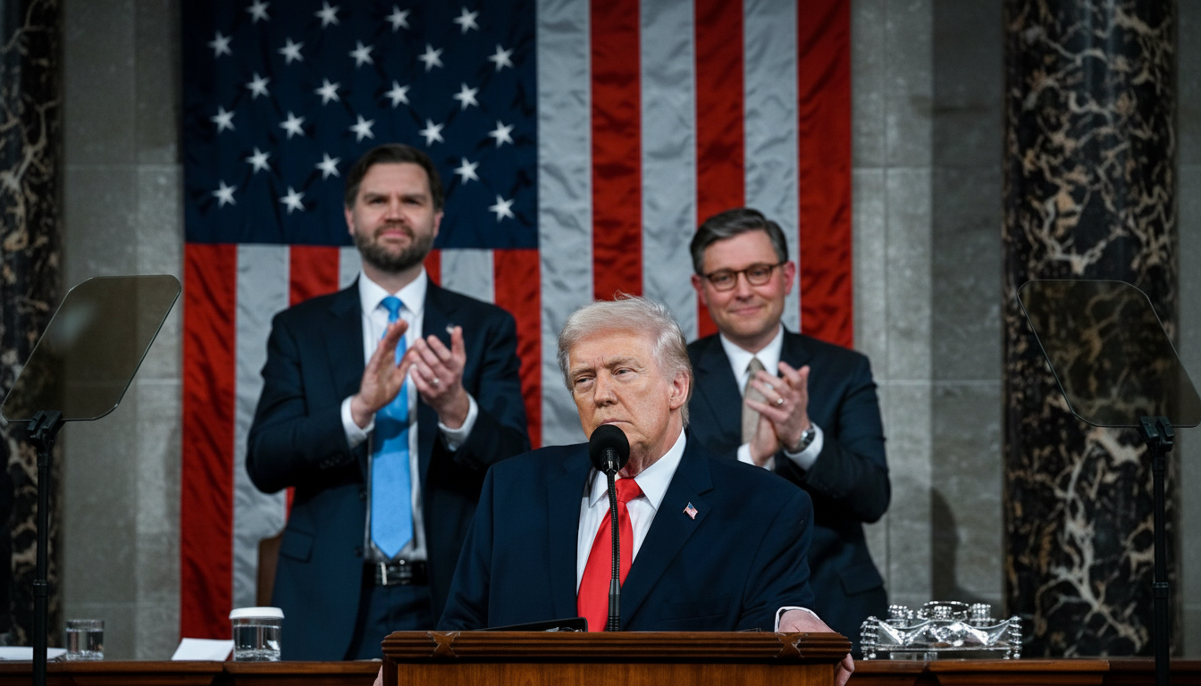 Donald Trump speaking at a podium with two men clapping in the background, in front of an American flag.
