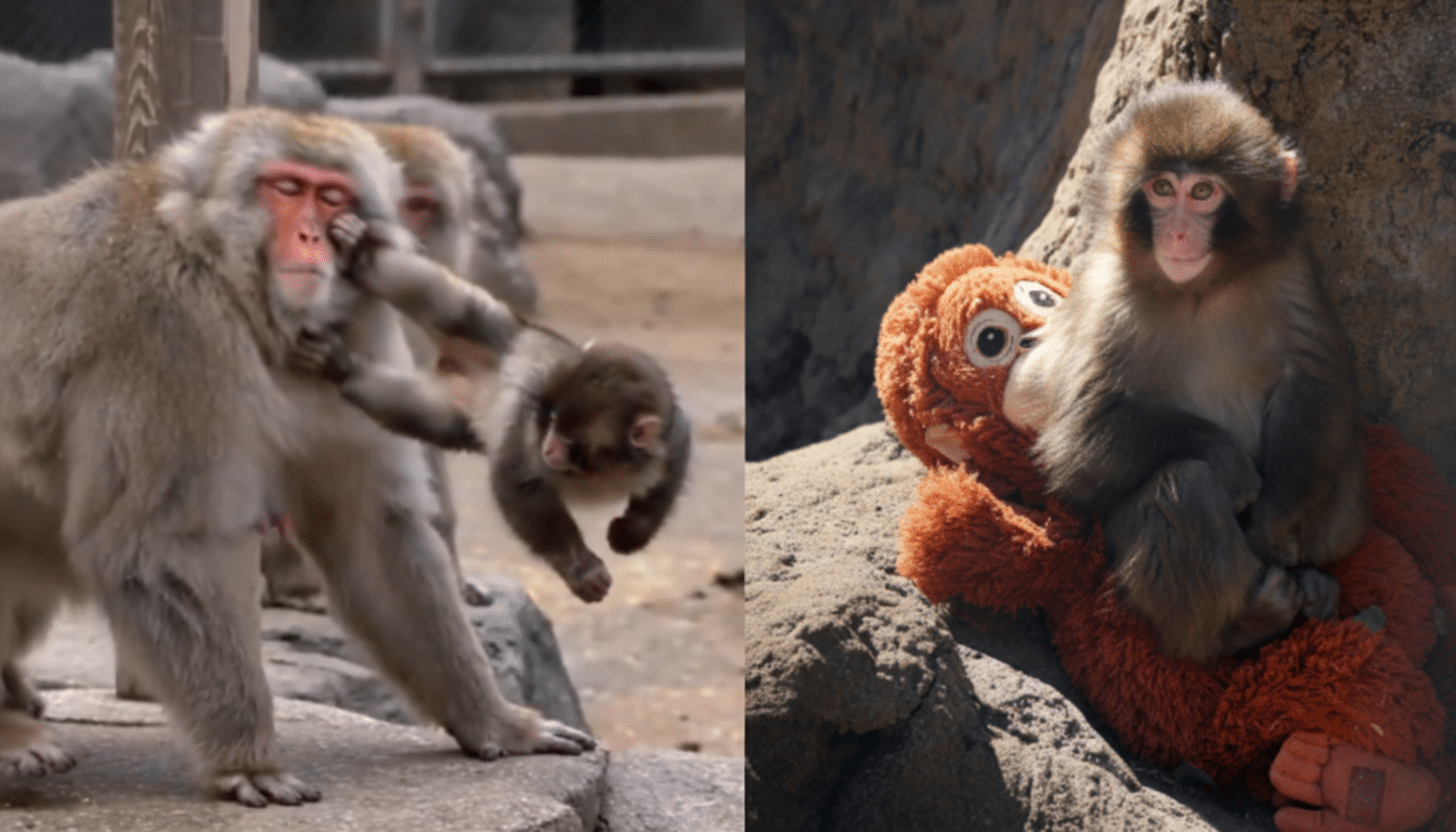 Split image showing two scenes of monkeys. On the left, a large monkey is holding a small monkey in its arms, with other monkeys in the background. On the right, a small monkey sits on a large orange stuffed animal.