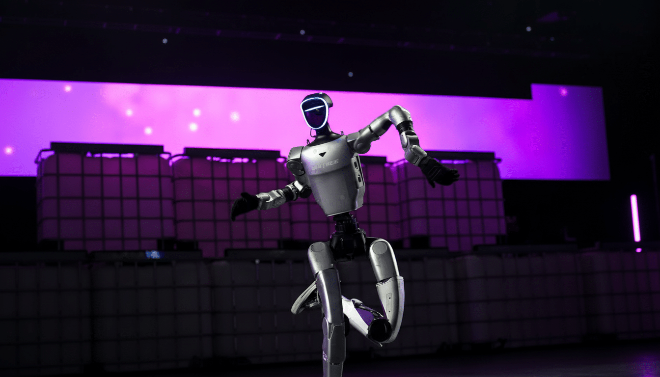 A silver humanoid robot with a glowing blue visor and black gloves is captured mid-movement on a stage with a vibrant purple background and dark foreground elements.