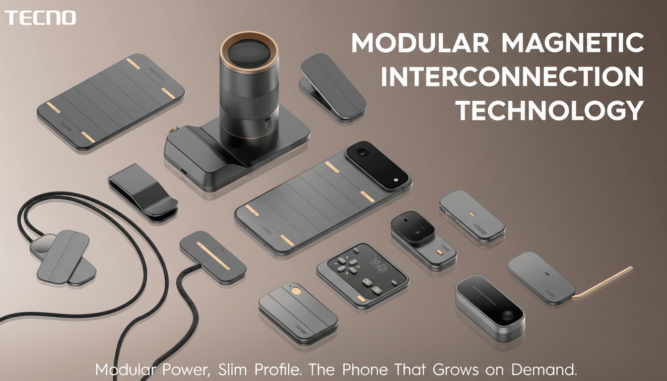 A professional image showcasing various TECNO modular magnetic interconnection technology products, including smartphones, cameras, and accessories, arranged on a brown background with text overlay.