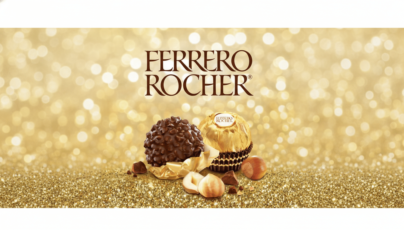 A Ferrero Rocher chocolate and a gold-wrapped Ferrero Rocher, with hazelnuts and chocolate pieces, set against a sparkling gold background with the Ferrero Rocher logo.