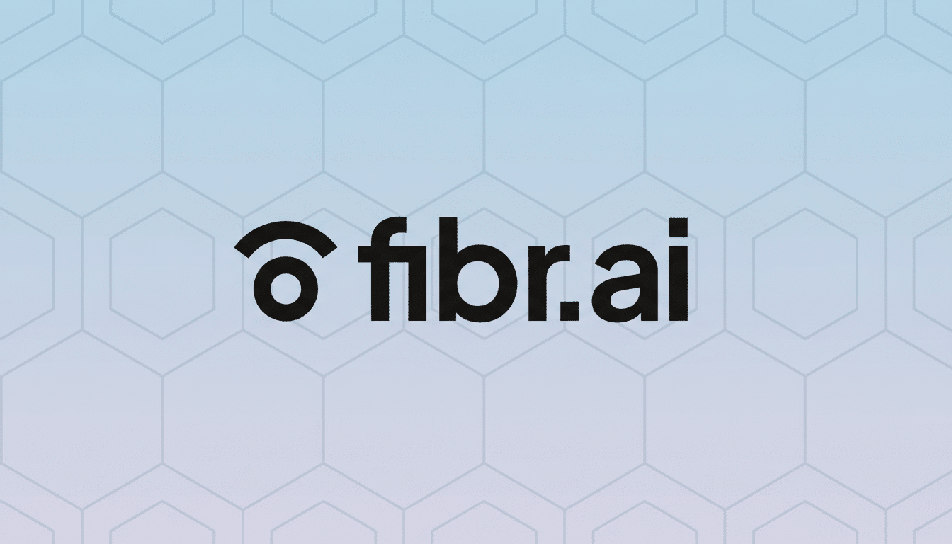 The fibr.ai logo, featuring a stylized o with an arc above it, followed by the text fibr.ai, presented on a professional flat design background with soft hexagonal patterns and a gradient from light blue to light purple.