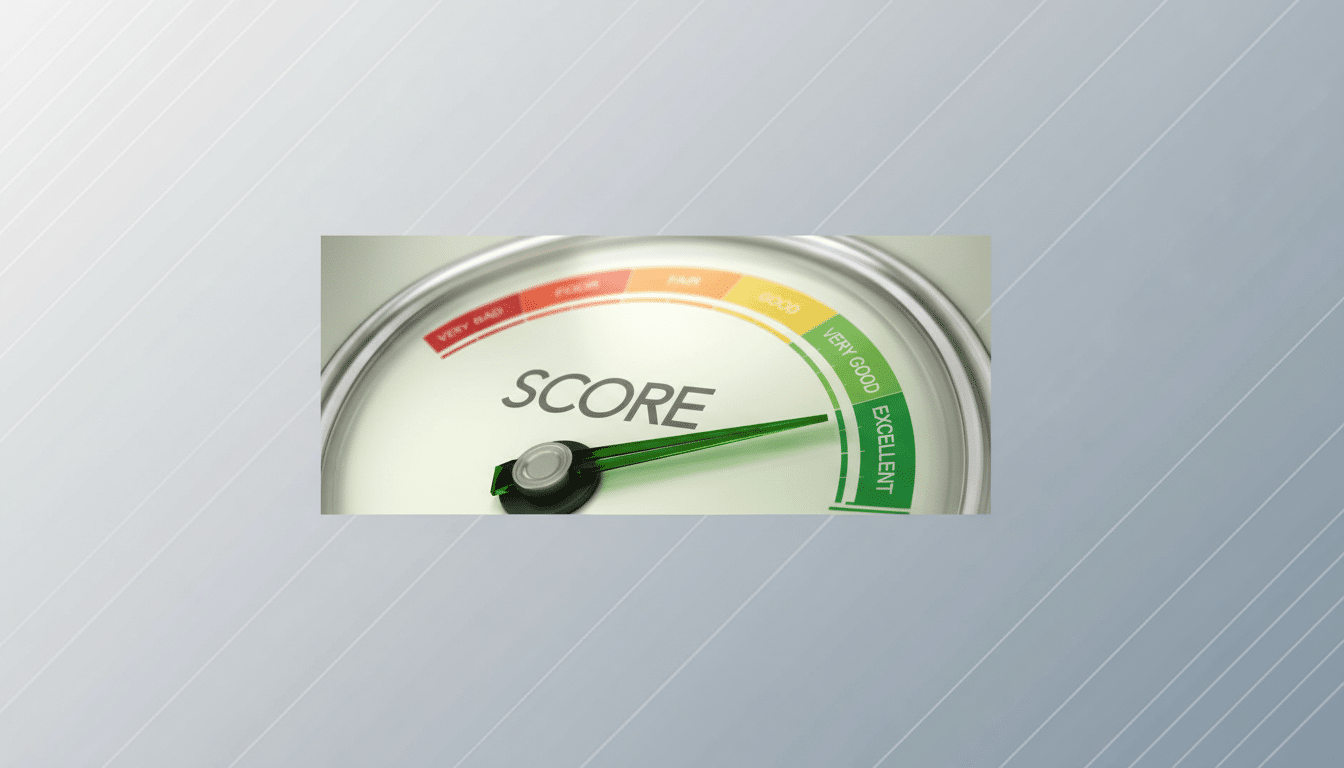 A score meter with a needle pointing to Excellent on a professional flat design background with soft patterns.