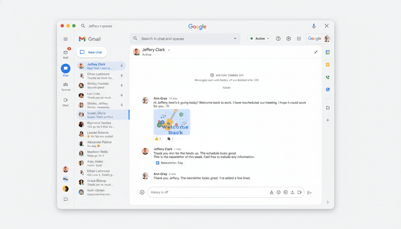 A screenshot of the Gmail interface, resized to a 16:9 aspect ratio, showing an email conversation with various contacts and a Welcome Back image.