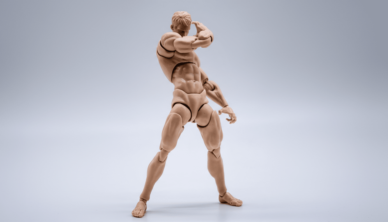 A nude, muscular action figure in a dynamic pose, with its right arm raised and left arm slightly bent, standing against a plain white background.