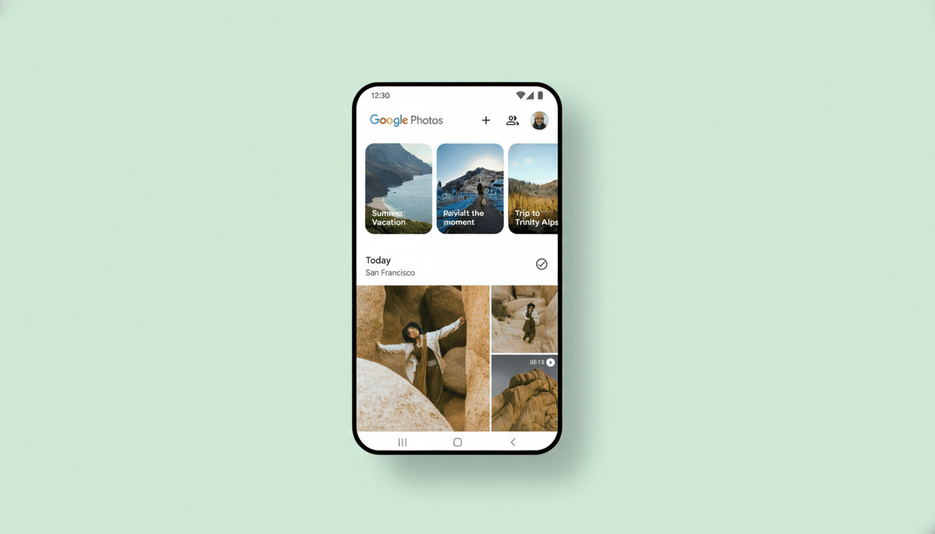A smartphone displaying the Google Photos app interface, showcasing various photo albums and a Today section with images of a person in a rocky landscape. The phone is centered on a light green background.