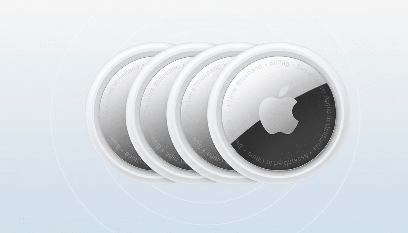 Four Apple AirTags are arranged in a slightly overlapping row, with the frontmost AirTag clearly displaying the Apple logo and text. The background is a professional flat design with soft blue and white gradients and subtle circular patterns.