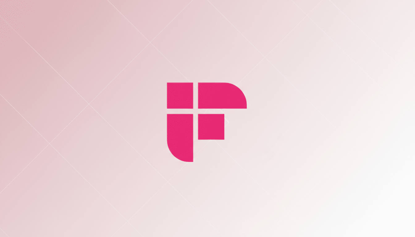 A pink F logo on a light pink gradient background with subtle diagonal patterns.