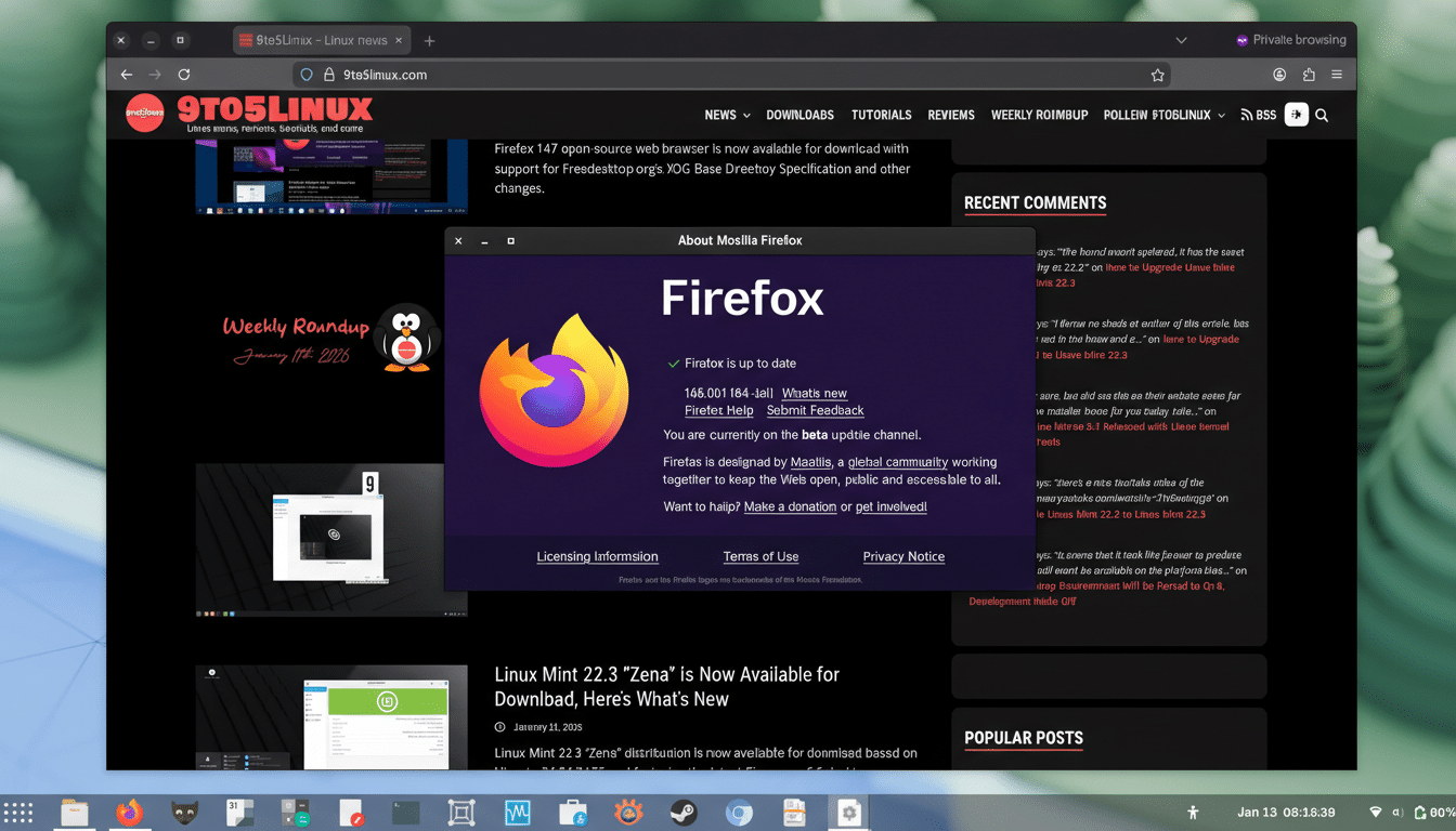 A screenshot of the 9to5Linux website with a pop-up window showing About Mozilla Firefox, indicating Firefox is up to date.