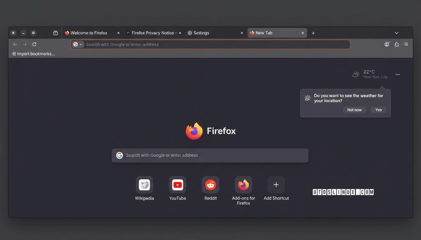 A screenshot of the Firefox web browsers homepage, displaying the search bar, frequently visited sites, and a weather notification.