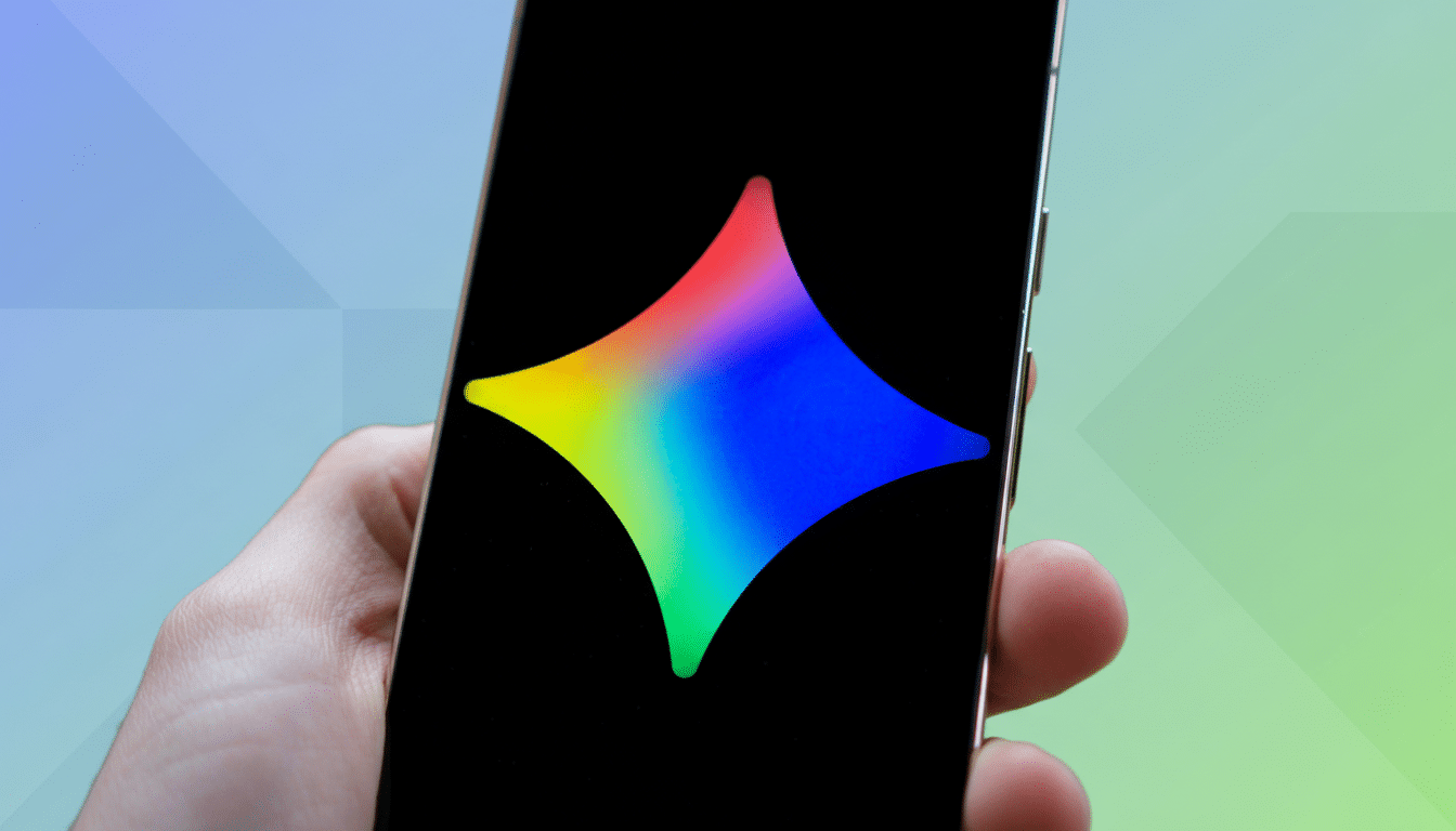 A hand holding a smartphone displaying a colorful, star-like logo on a black screen, with a professionally enhanced background featuring soft blue and green gradients and subtle geometric patterns.