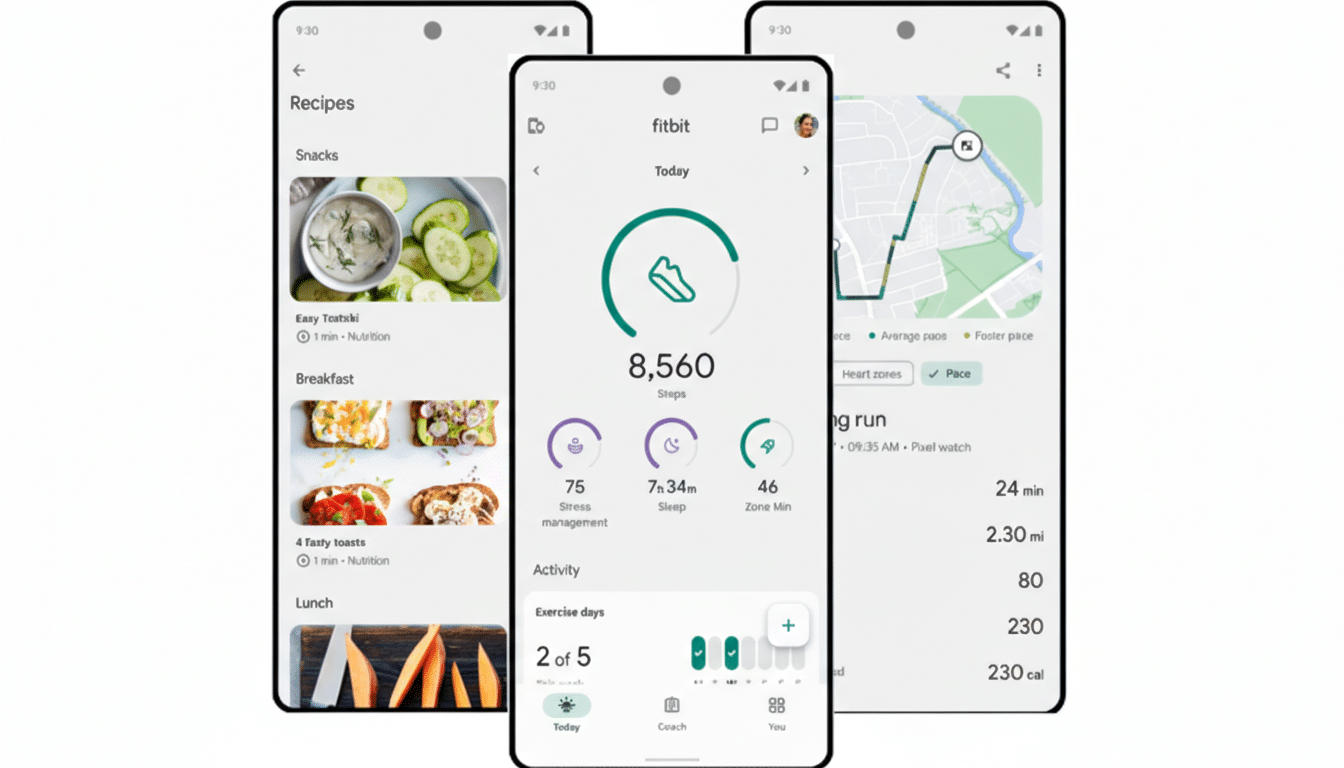 Three smartphones displaying different screens of the Fitbit app. The left phone shows a recipes screen, the middle phone shows a daily activity summary with steps, stress, sleep, and zone minutes, and the right phone shows a map of a running route.