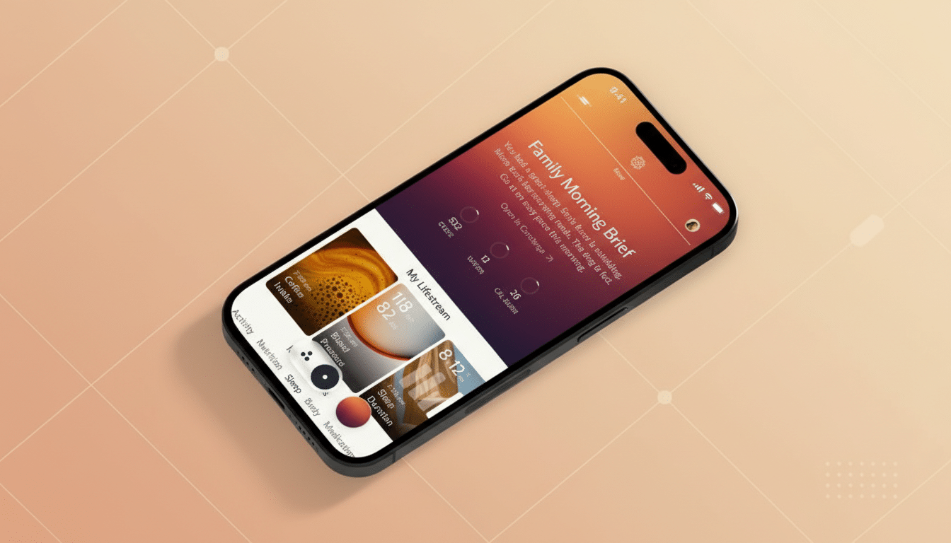 A smartphone displaying a Family Morning Brief app interface, presented on a professional flat design background with soft patterns.