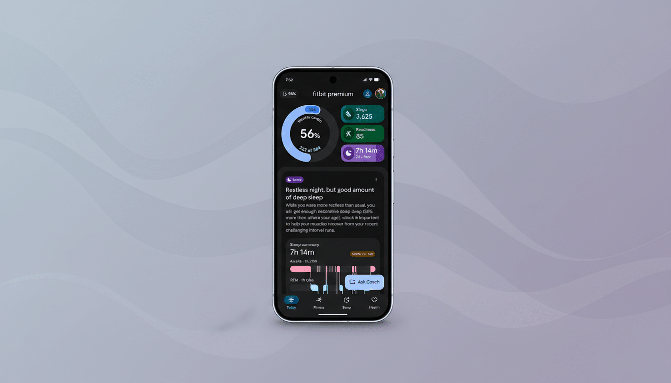 A smartphone displaying the Fitbit Premium app interface, showing sleep tracking data and a Restless night, but good amount of deep sleep summary. The phone is centered on a professional flat design background with soft patterns and gradients.