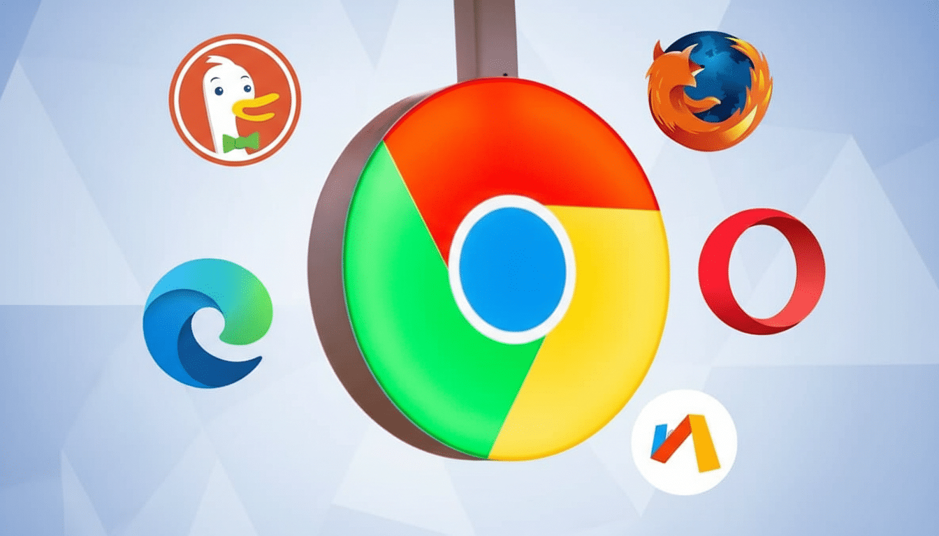 A 16:9 aspect ratio image featuring the Google Chrome logo prominently in the center, surrounded by other web browser logos including DuckDuckGo, Mozilla Firefox, Microsoft Edge, Opera, and a stylized N logo, all set against a professional flat design background with soft patterns and gradients.