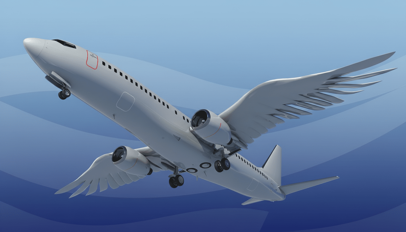 A white airplane with large, feathery wings instead of traditional airplane wings, flying against a blue sky with subtle wave-like patterns.