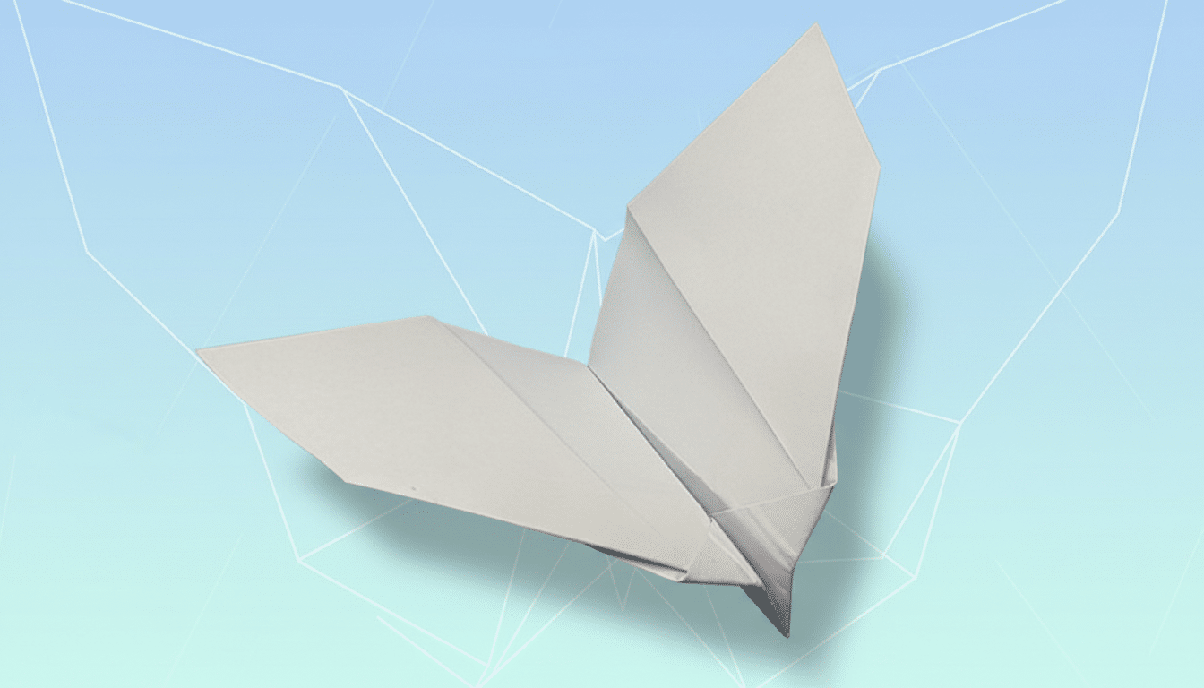 A white paper airplane, folded into a butterfly shape, is presented on a professional flat design background with soft blue and white gradients and subtle geometric patterns.