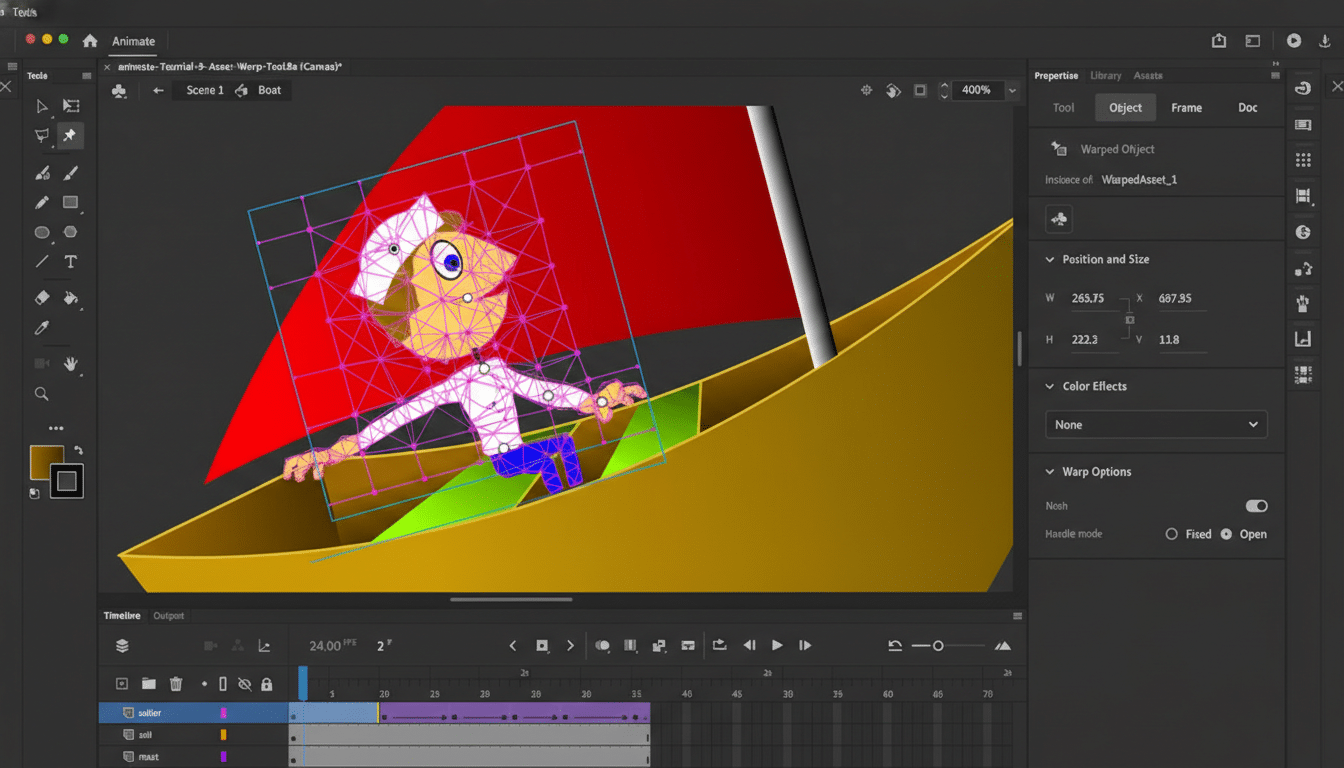 A screenshot of Adobe Animate with a cartoon character in a boat, being edited with a mesh warp tool. The interface shows various tools, properties, and a timeline.