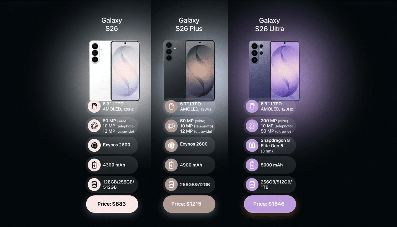 A comparison chart for three smartphone models: Galaxy S26, Galaxy S26 Plus, and Galaxy S26 Ultra, detailing their specifications and prices.