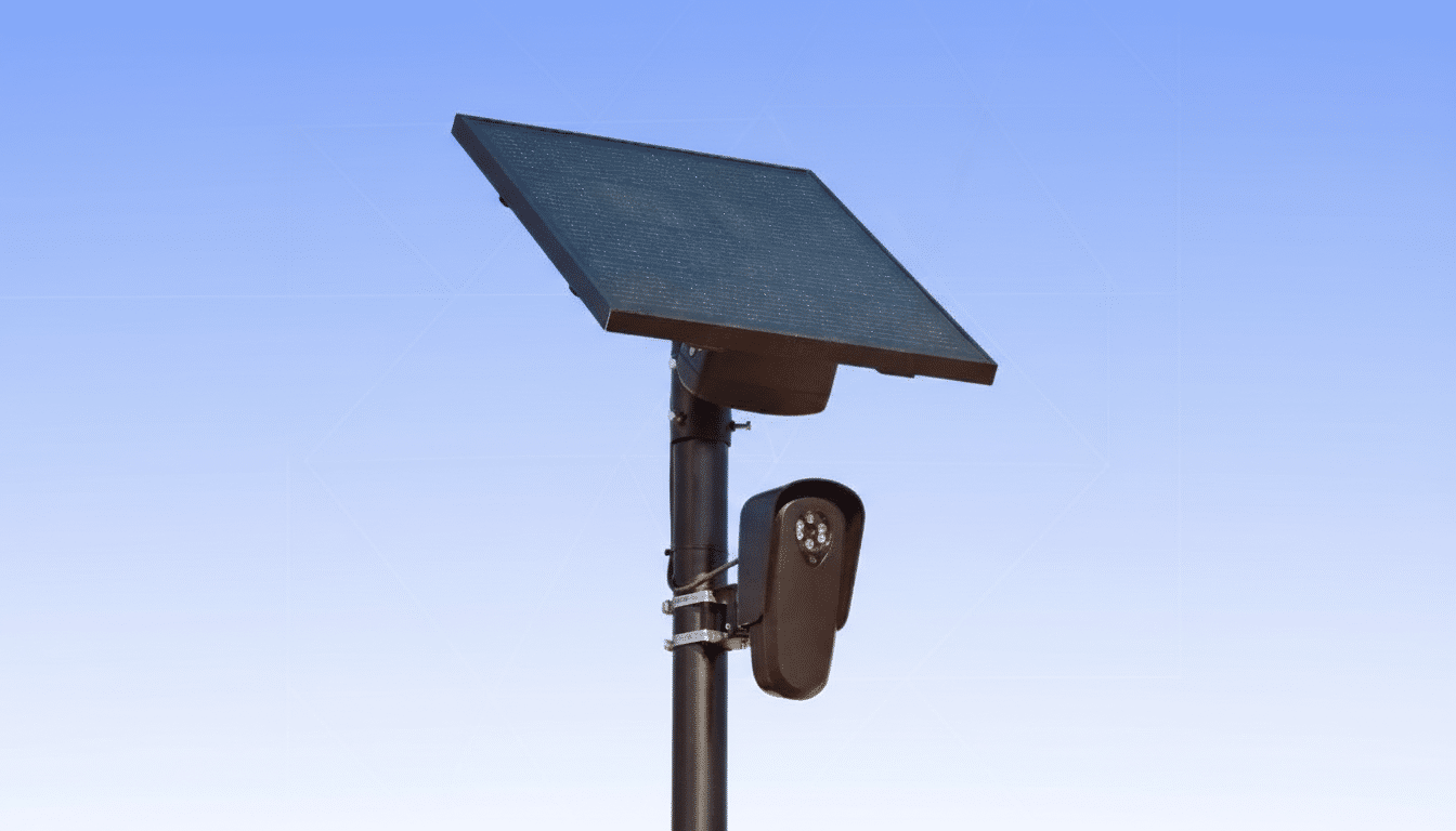 A solar-powered security camera system mounted on a pole against a light blue background with subtle geometric patterns.