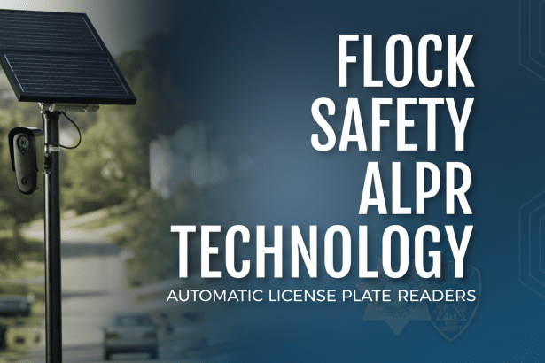 A 16:9 aspect ratio image featuring a Flock Safety ALPR (Automatic License Plate Reader) camera system with a solar panel, set against a blurred background of a street with cars and trees. The text FLOCK SAFETY ALPR TECHNOLOGY and AUTOMATIC LICENSE PLATE READERS are prominently displayed in white, with a subtle police badge graphic in the lower right.