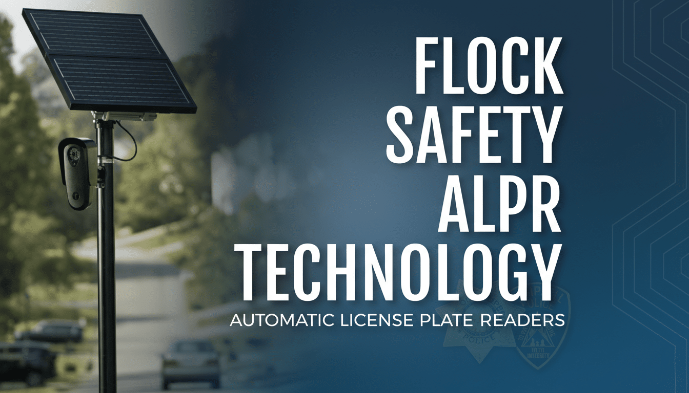 A 16:9 aspect ratio image featuring a Flock Safety ALPR (Automatic License Plate Reader) camera system with a solar panel, set against a blurred background of a street with cars and trees. The text FLOCK SAFETY ALPR TECHNOLOGY and AUTOMATIC LICENSE PLATE READERS are prominently displayed in white, with a subtle police badge graphic in the lower right.