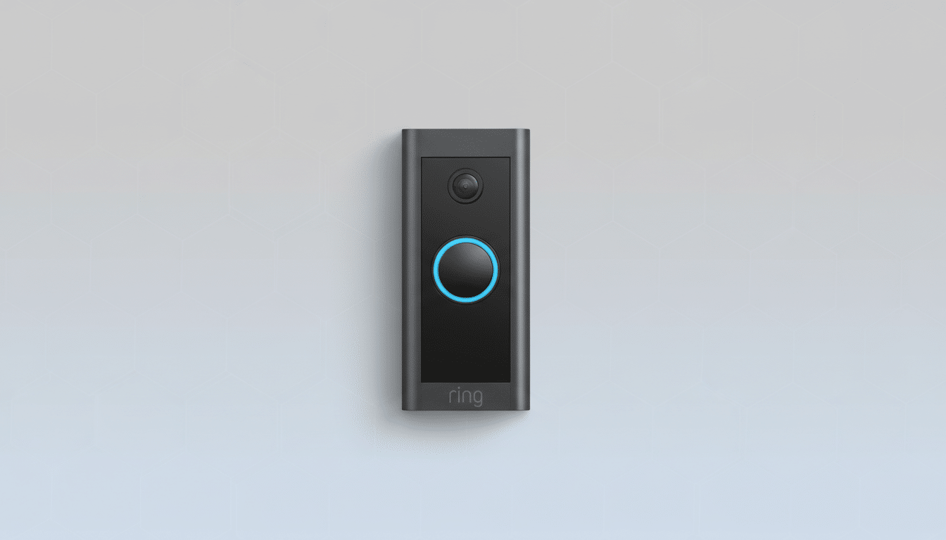 A Ring video doorbell in a 16:9 aspect ratio with a professional flat design background featuring soft hexagonal patterns.
