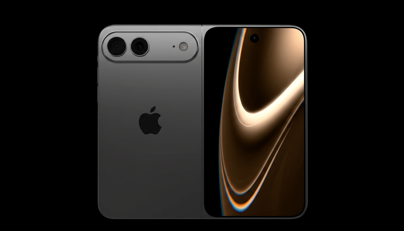A dark gray foldable smartphone with the Apple logo on the back, and a screen displaying abstract brown and white curves.