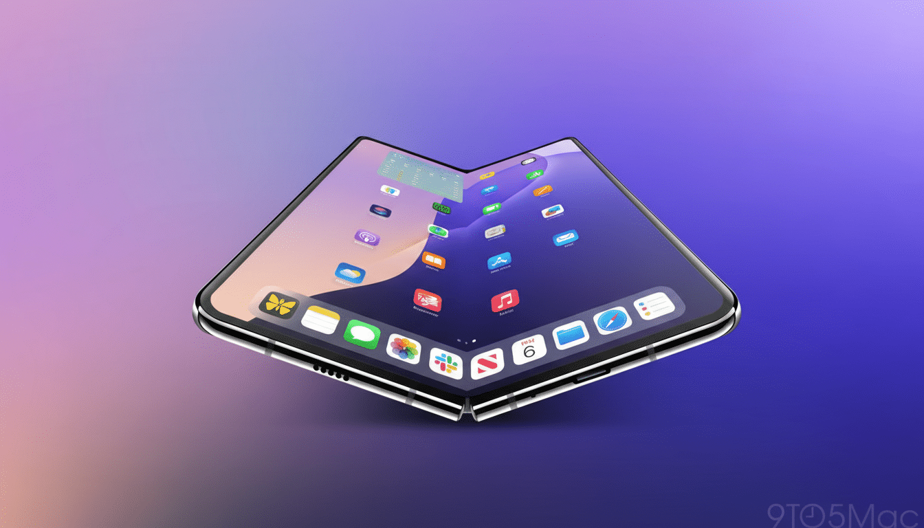 A foldable smartphone concept with a purple and pink gradient background, displaying various app icons on its screen.