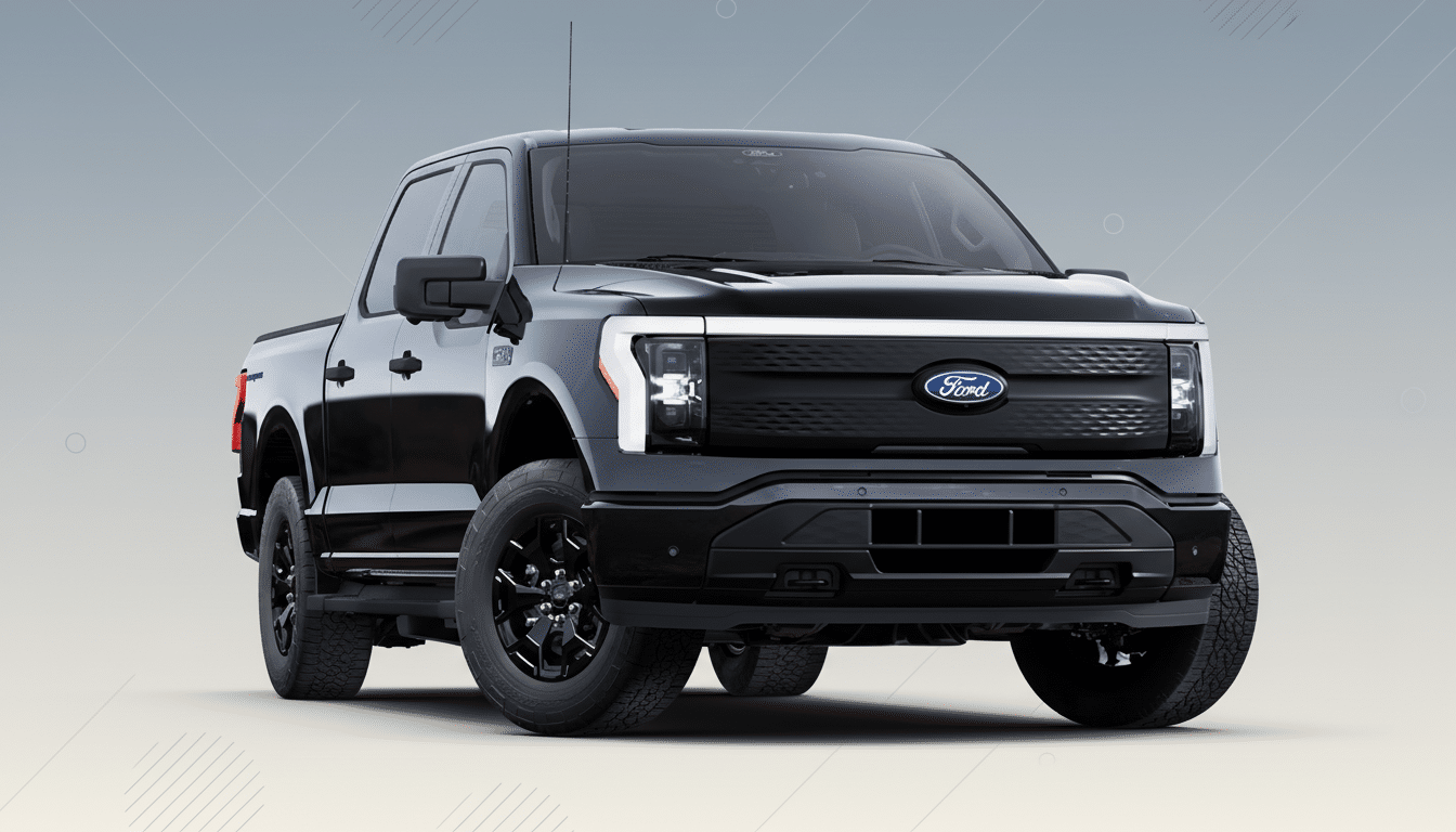 A black Ford F-150 Lightning electric pickup truck is shown from a front-quarter angle, set against a professional flat design background with soft gray gradients and subtle geometric patterns.