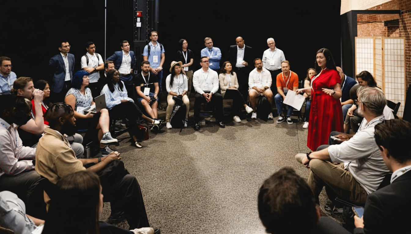 A group of people gathered in a semi-circle, listening to a woman in a red dress who is speaking and holding papers.