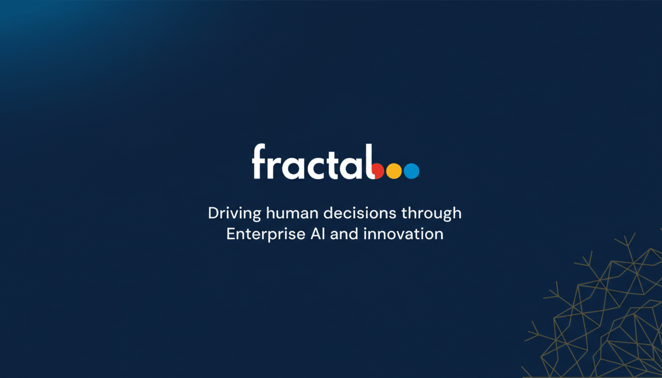 The Fractal logo and tagline Driving human decisions through Enterprise AI and innovation centered on a dark blue background with a subtle gold geometric pattern in the bottom right corner, resized to a 16:9 aspect ratio.