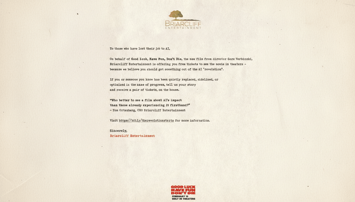 A letter from Briarcliff Entertainment offering free movie tickets to those who have lost their jobs to AI, with the text GOOD LUCK HAVE FUN DONT DIE FEBRUARY 13 ONLY IN THEATERS at the bottom.
