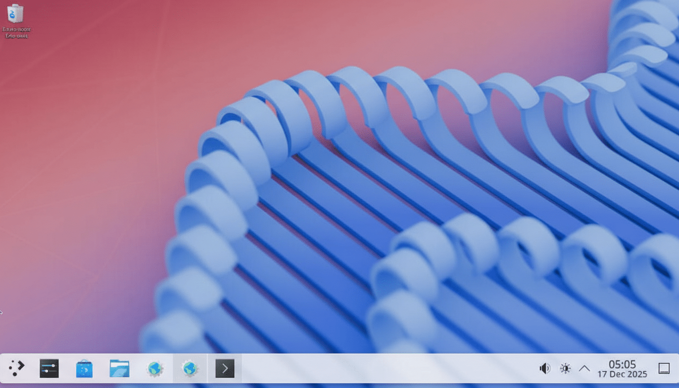 A desktop screenshot with a red and blue abstract background, showing a taskbar with various icons and the date 17 Dec 2025.