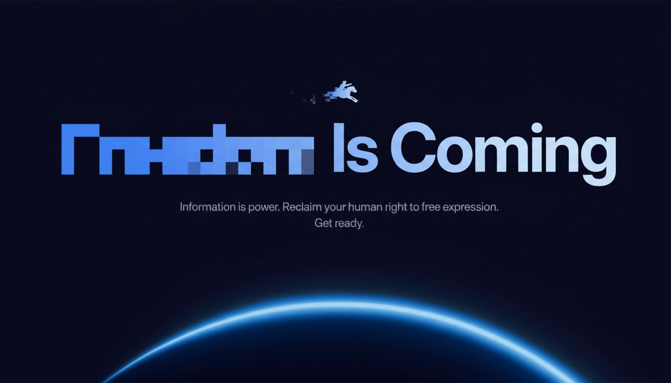 A dark blue background with the text Freedom Is Coming in large white and pixelated blue letters. Below it, smaller white text reads Information is power. Reclaim your human right to free expression. Get ready. A small, pixelated white horse icon is above the text, and a glowing blue arc is at the bottom.