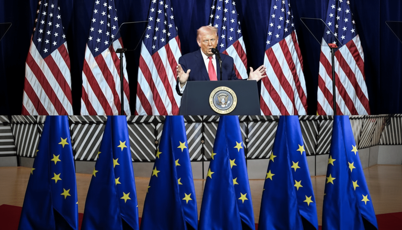 Donald Trump speaking at a podium with American flags behind him and European Union flags below.
