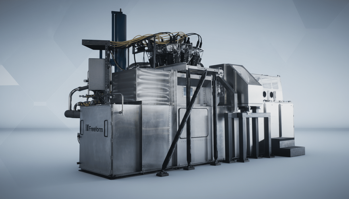 A large, complex industrial machine with various metallic components and wiring, set against a professional light gray background with subtle geometric patterns.