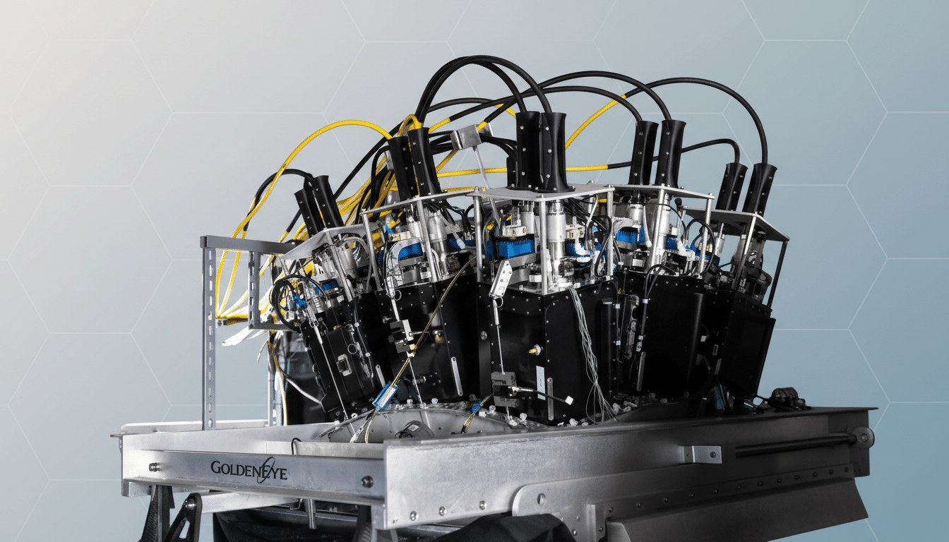 A complex piece of industrial machinery with multiple black modules, blue components, and yellow and black wiring, labeled GOLDENEYE, set against a professional flat design background with a subtle hexagonal pattern and a gradient from light gray to light blue.