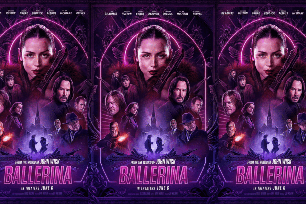 A movie poster for Ballerina featuring Ana de Armas prominently at the top, holding a gun, with Keanu Reeves and other cast members below her, all set against a dark, neon-purple background with intricate designs.